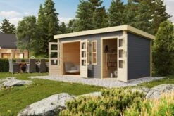 KARIBU Mittelwandhaus Schönbuch 2, Terragrau, Fichtenholz 38mm, 458 X 276 X 228 Cm, Flachdach