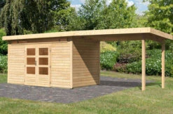 KARIBU Gartenhaus Kandern 9, Naturbelassen, Fichtenholz 28mm, 632 X 304 X 222 Cm, Pultdach, Anbau 3,2m
